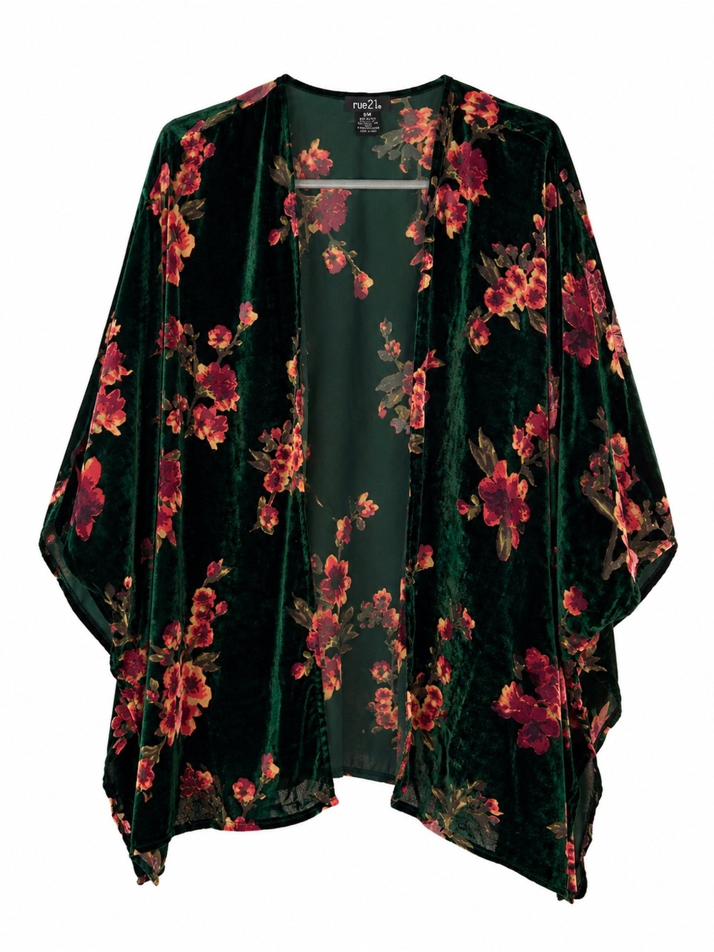 Rue21 Emerald Green Floral Burnout Velvet Kimono S/M Boho Holiday Duster